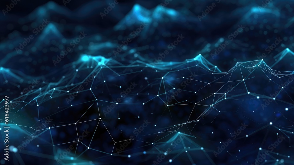 Abstract blue green technology background with a cyber network grid and connected particles. Artificial neurons, global data connections - Generative AI Abstract blue green technology background with a cyber network grid and connected particles. Artificial neurons, global data connections - Generative AI