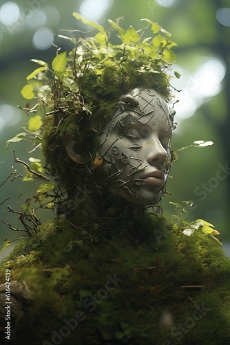 human god fave head is covered in a leafy design, fantasy design, spirits of the forest