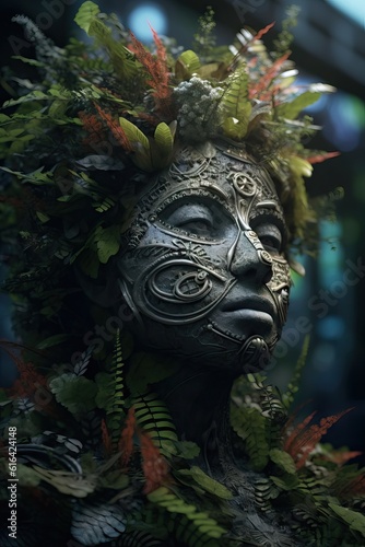 human god fave head is covered in a leafy design, fantasy design, spirits of the forest © Banana Images
