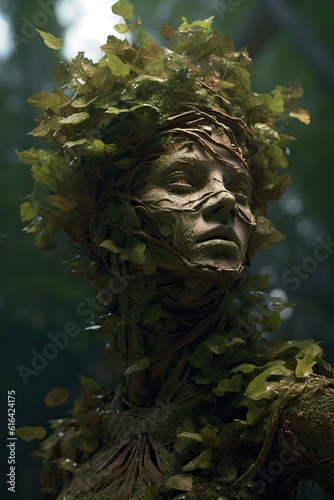 human god fave head is covered in a leafy design, fantasy design, spirits of the forest