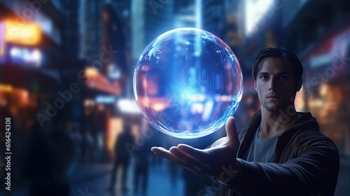 Person holding energy ball in the middle of a massive city, magician, power concept