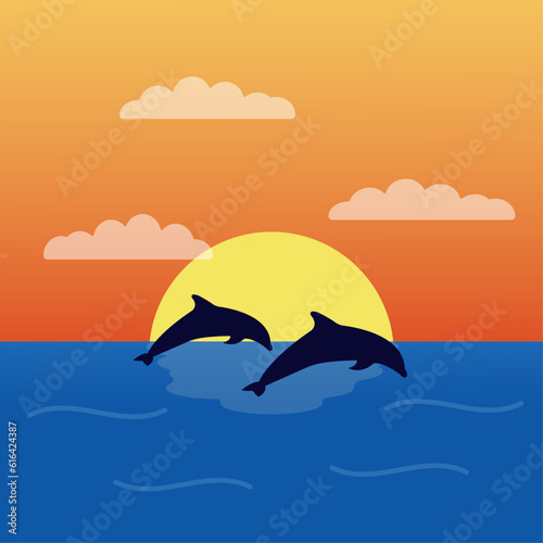 Sea with sunset and dolphins