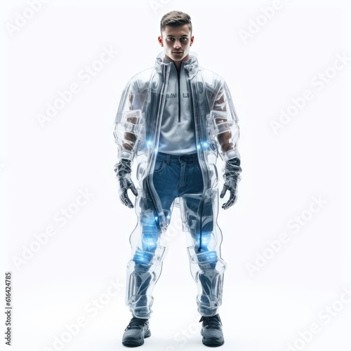 A man in the clothes of the future on a white background