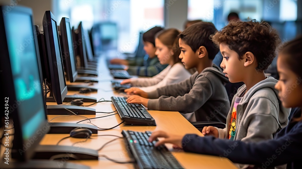 Multiethnic school kids using computer in classroom at elementary school.Interracial primary classroom learning to use laptop Multiethnic school kids using computer in classroom at elementary school.Interracial primary classroom learning to use laptop