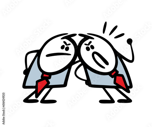 Two angry businessmen collided foreheads and argue about business and career. Vector illustration of rivals, competitors at work in the office.