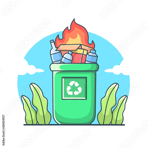 vector illustration, burning trash can, white background