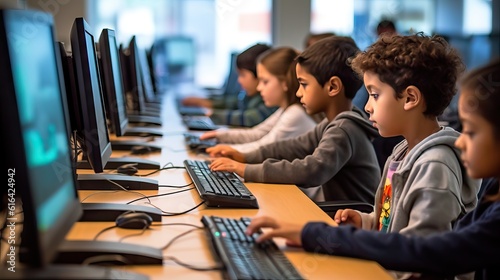 Foto Multiethnic school kids using computer in classroom at elementary school