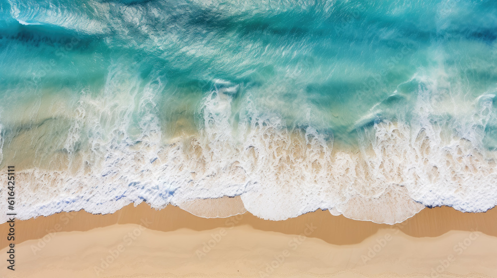 Aerial view of beautiful tropical beach and sea with sand and wave. AI generative illustration