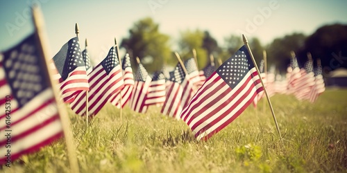 American 4th july cementery american usa flag. Sunset. Patriotic United States of American flags in a row along sidewalk of suburb neighborhood