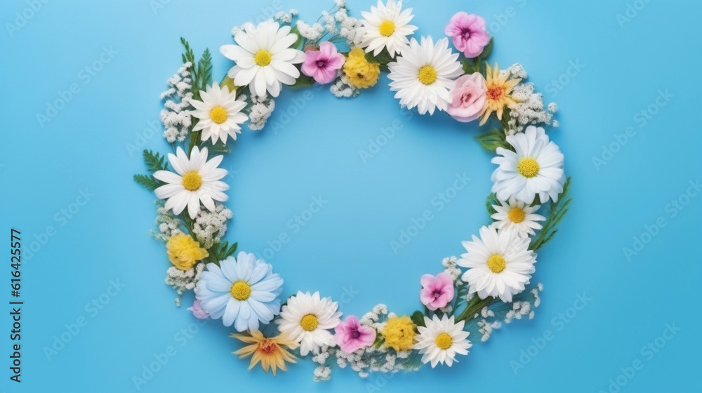 wreath of blooming flowers on blue background