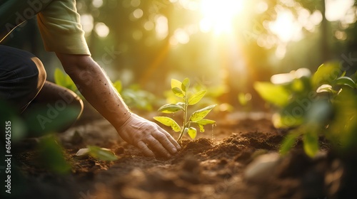 Close up of farmers hands planting seedling in pot. Planting vegetables during a sunset. eco system. sequence on fertile soil with natural green background