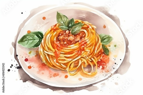 The illustration portrays a watercolor painting of a plate of spaghetti bolognese. Generative Ai.