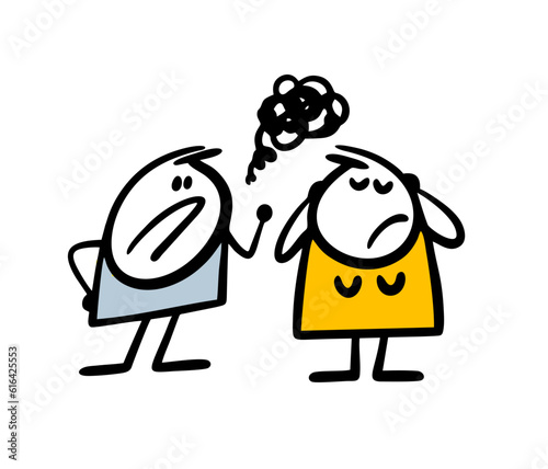 Abusive husband scolds his wife. Vector illustration of a rude man and a poor woman. Toxic relationship.