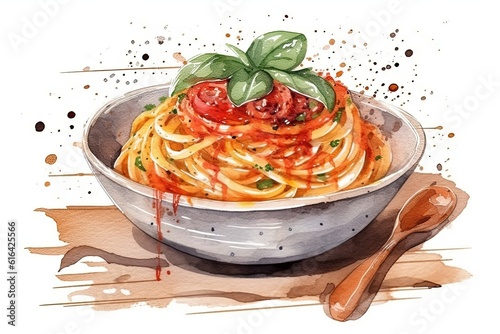 The illustration portrays a watercolor painting of a plate of spaghetti bolognese. Generative Ai.