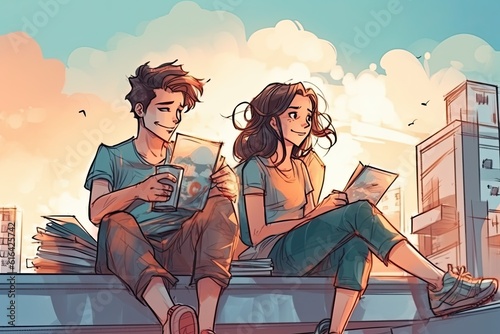 The illustration shows teenagers sitting on a terrace enjoying in books, chatting and having a good time together. Generative Ai.