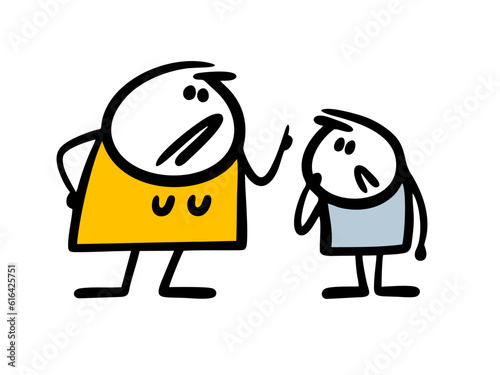 Abusive stick figure mother strictly teaches the guilty son, boy. Vector illustration of parents and child, educational process.