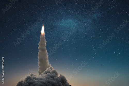 Rocket take off to stars. Successful launch of a space rocket into outer space. Spaceship lift off into the starry sky. Travel and exploration other planets, concept