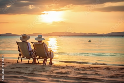 Vacation summer, golden sandy beach,sitting on sun lounger chair right on beach by sea by the water, empty pristine white sandy beach with shallow water. Carefree rest relaxation peace Inspiration