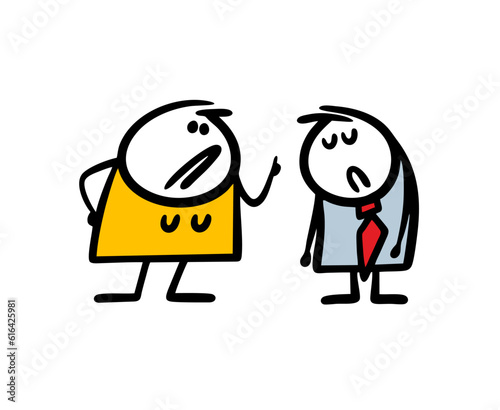 Wife strictly reprimands the guilty husband of the claim. Vector illustration of aggressive woman and embarrassed man.