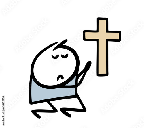 Guilty man is kneeling in front of the cross and praying. Vector illustration of a man atoning for sins, asking God for forgiveness.