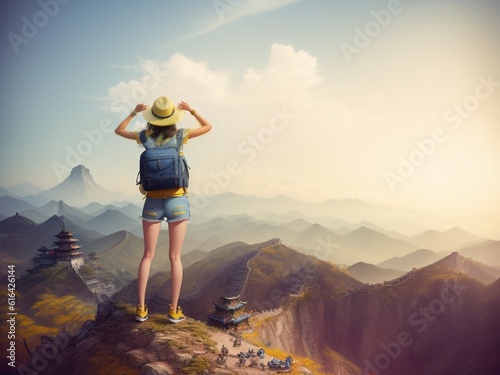 AI generated Young woman hiker on mountain peak