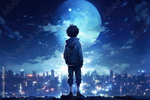 Fotografia photo anime boy looking at the moon in the city night