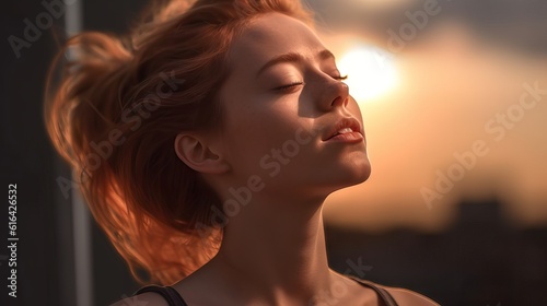 Young woman relaxing looking to the sky during a sunset, idylic image, cinematic tones photo