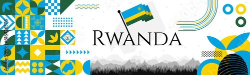 Rwanda Independence Day abstract banner design with flag and map. Flag color theme geometric pattern retro modern Illustration design. Blue, yellow and red color template.