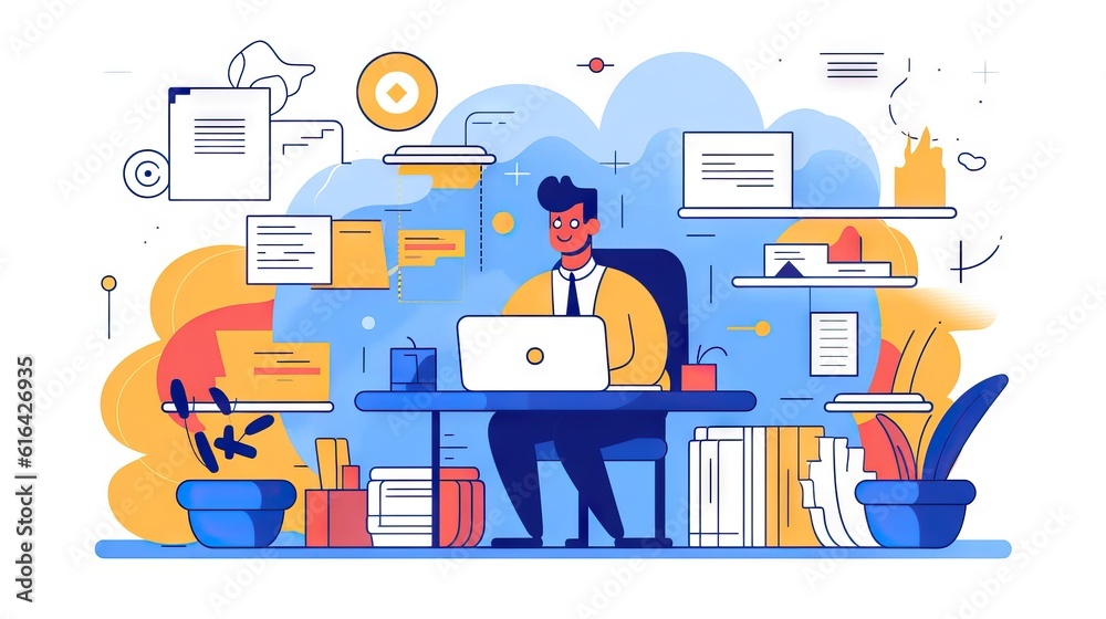 Illustration working at the desk with a laptop, home office concept, colorful illustration vector type, minimal style, ideas and design Illustration working at the desk with a laptop, home office concept, colorful illustration vector type, minimal style, ideas and design