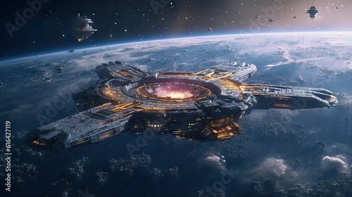 A massive spaceship on the galaxy. Cinematic movie. Cinematic Still, intense space battle between two massive battleships