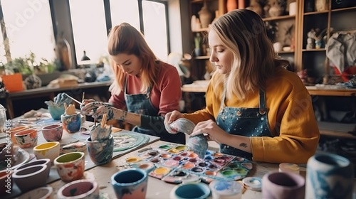 Group of people painting clay. Hobbie activity indoors, painting watercolor. Close up hands during a class. Adult people learning skills