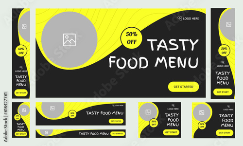 Set of tasty food banner template design for social media posts, restaurant food menu web banner template design, fully customizable vector eps 10 file format web banner template design