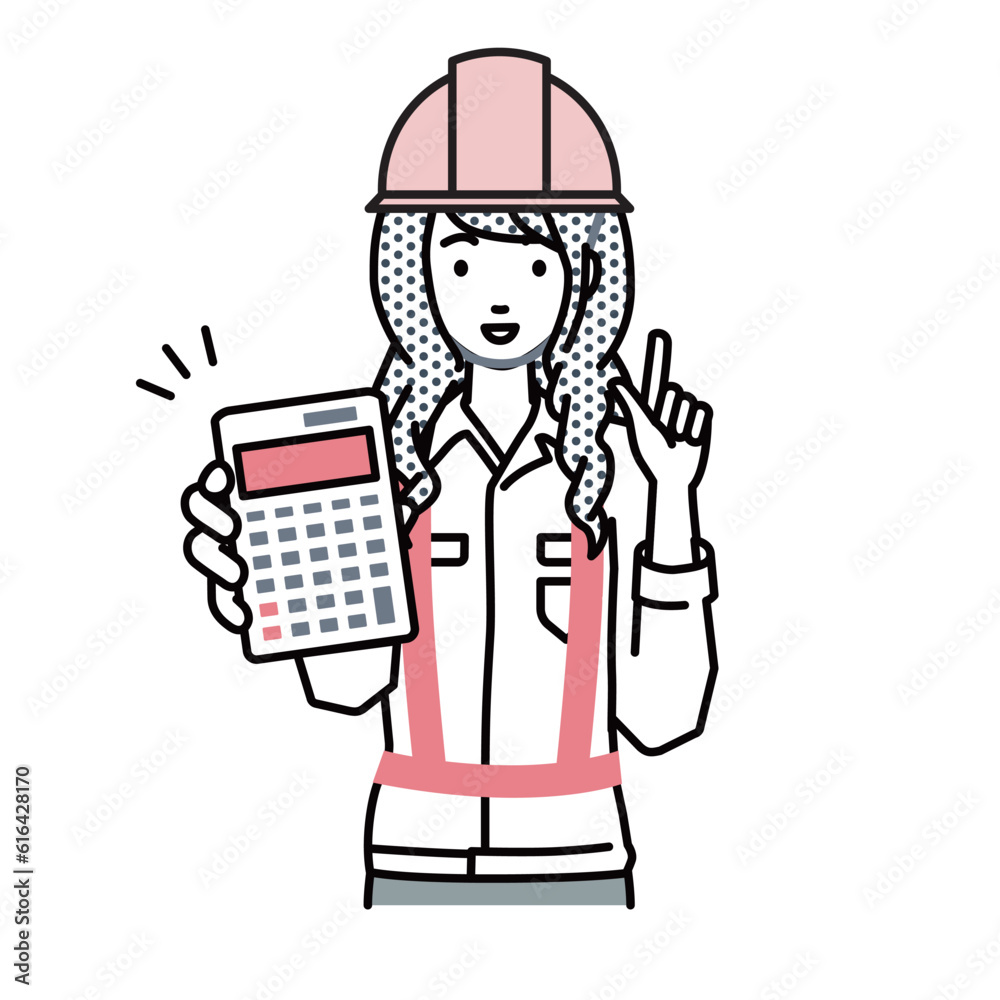 a woman working at construction sites recommending, proposing, showing estimates and pointing a calculator with a smile