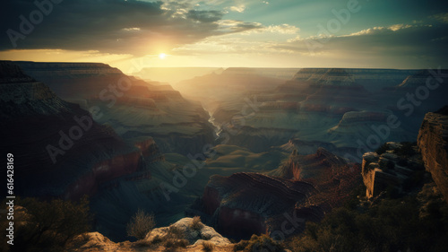 grand canyon with view of the sunset, in dramatic contrast against the sky. Generative AI