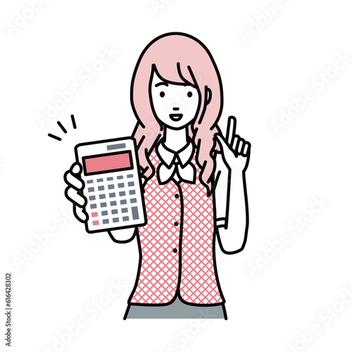 a woman in clerical uniform recommending, proposing, showing estimates and pointing a calculator with a smile