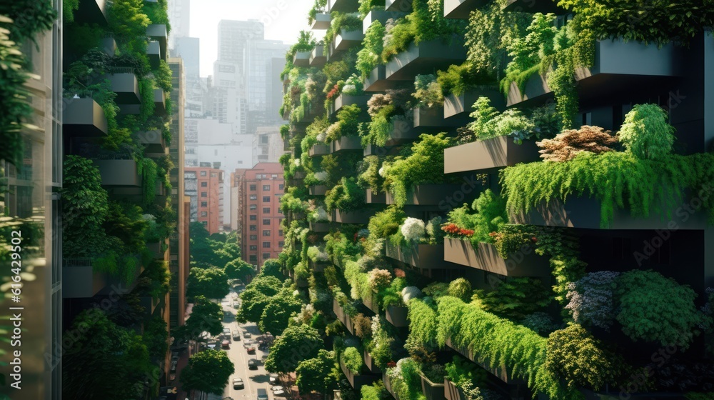 Vertical gardens rising among skyscrapers. The walls of green plants ...