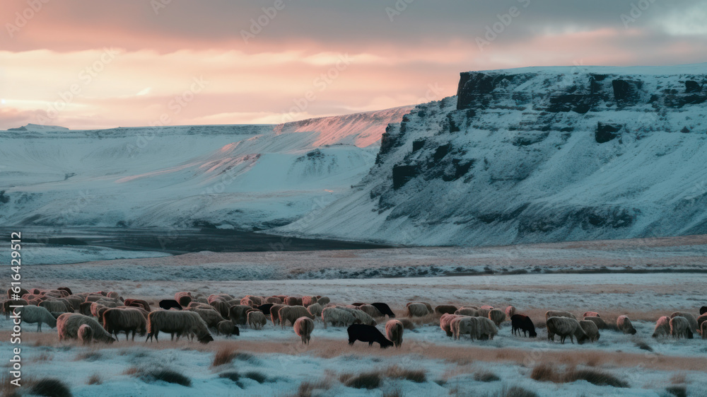 Icelandic fields and hills with mooses, majestic wildlife on countryside scenic route with snowy mountains and pink sky. Beautiful animals in frozen wonderland, nordic scenery. Generative AI