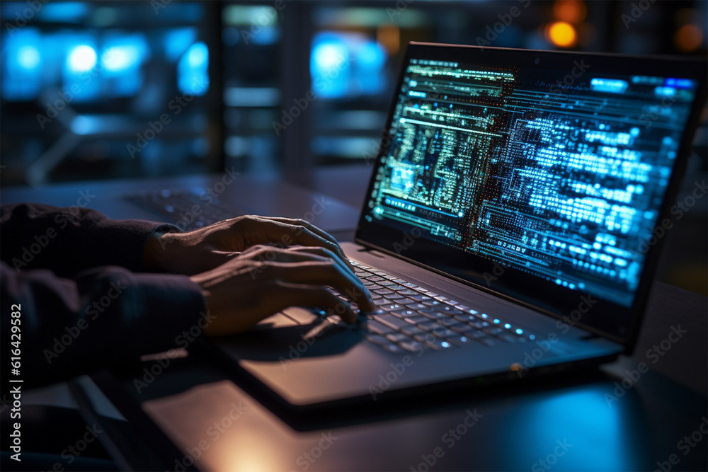 Professional Development programmer typing on a laptop Computer Keyboard. Screens Show Coding Language User Interface. Professional Development programmer typing on a laptop Computer Keyboard. Screens Show Coding Language User Interface.