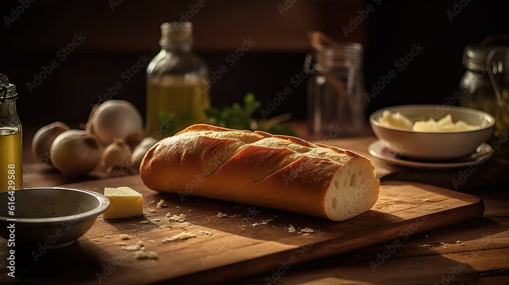 fresh baked French baguette, stick of butter, and garlic arranged artfully on a wooden butcher's block counter
