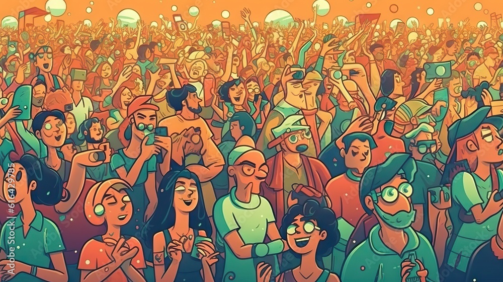 Group of people in a festival, crowd during a summer party concert. Colorful illustration, summer indi dance rock music fest.