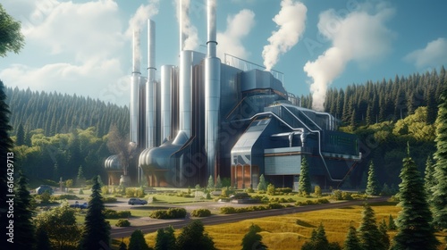 A high-tech biomass power plant converts natural waste into energy while providing an environmentally friendly energy source. It highlights the future of green energy. Created with Generative AI.