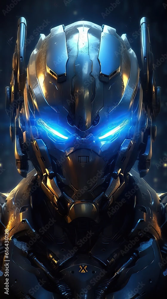 cinematic mecha soldier warrior with glowing neon eyes.Realistic futuristic artificial intelligence machine. futuristic war concept cinematic mecha soldier warrior with glowing neon eyes.Realistic futuristic artificial intelligence machine. futuristic war concept