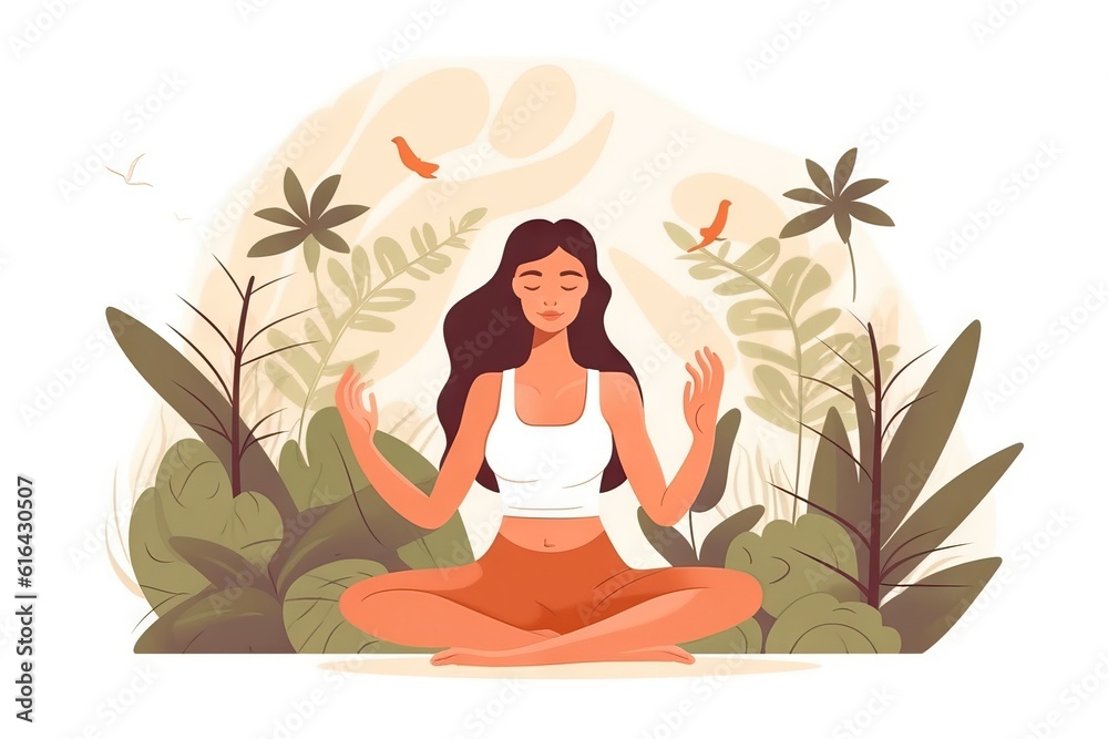 Model doing yoga illustration, Young women doing yoga exercise against the background of exotic plants Model doing yoga illustration, Young women doing yoga exercise against the background of exotic plants