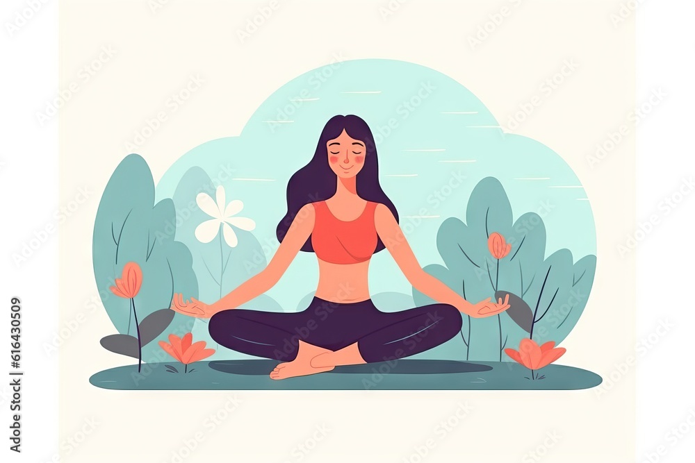 woman in meditation yoga post on greensward. Vector illustration style
