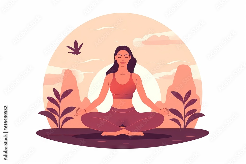 woman in meditation yoga post on greensward. Vector illustration style