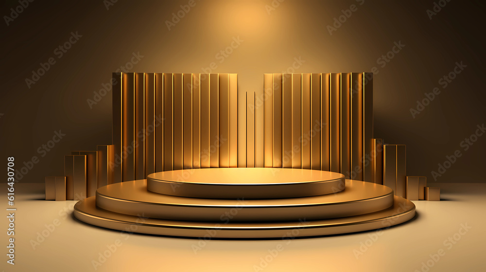 Golden podium for presentation product. Podium shaped gold luxury background. Golden podium for presentation product. Podium shaped gold luxury background.