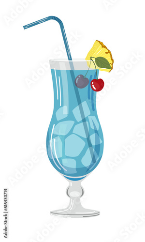 Vector illustration of a blue cocktail with a slice of pineapple, cherry and ice cubes on a white background in a flat style. Suitable for menu design, food stickers, scrapbooking.
