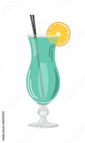 Vector illustration of blue cocktail with orange slice isolated on white background in flat style. Suitable for menu design, food stickers, scrapbooking.