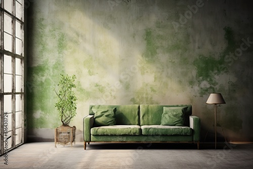 green sofa with pillow near metal modern floor lamp,Generative AI