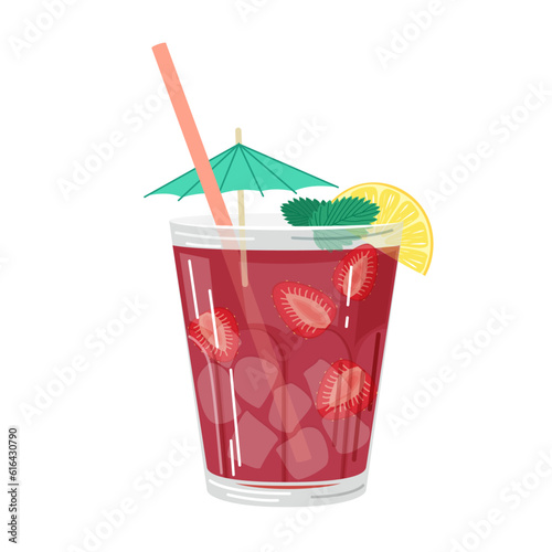 Vector illustration of a pink cocktail with a strawberry and pineapple slice, mint leaves, ice cubes and straws on a white background in a flat style. Suitable for menu design,food stickers, scrapbook